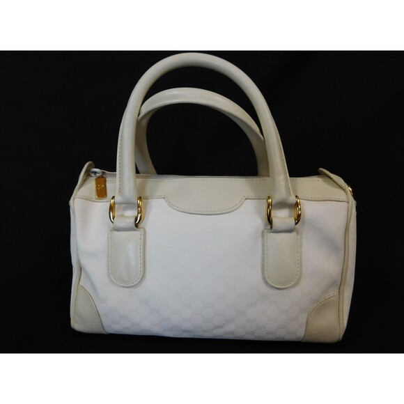 Vintage Gucci Off-White GG Canvas Leather Trim Boston Satchel - Picture 1 of 14